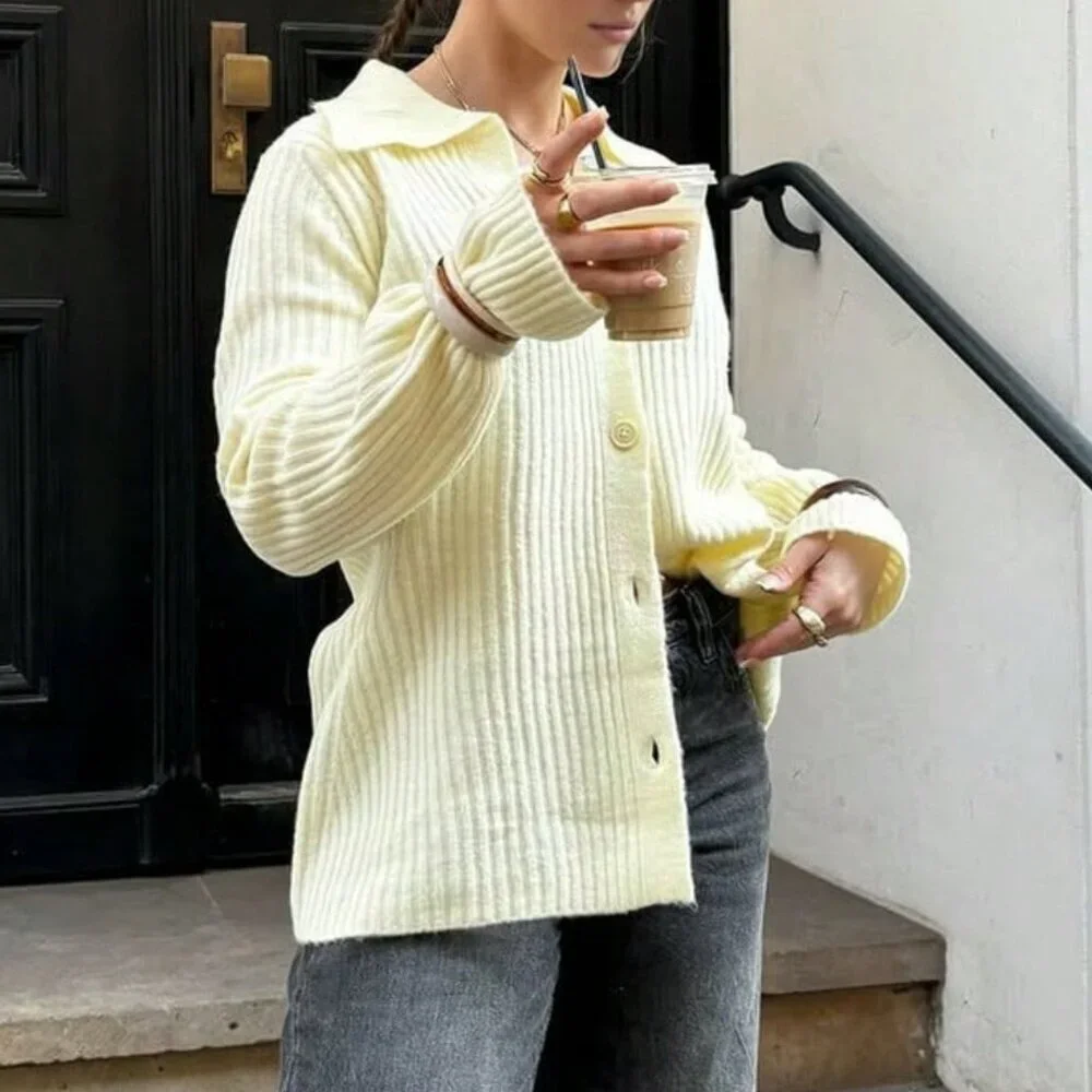 Yellow Casual Women's Sleeve Knit Cardigan with Lapel Button